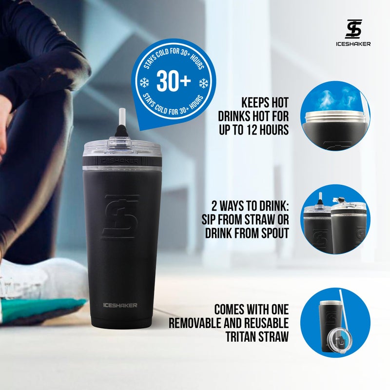 Ice Shaker 26 Oz Tumbler, Insulated Water Bottle with Straw, Stainless Steel Bottle, As Seen on Shark Tank, Water Bottle with Straw, Black - Image 3